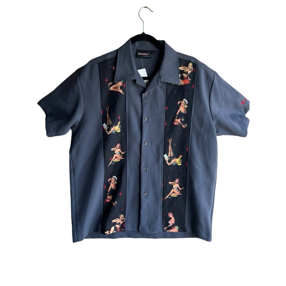 Vintage Steady Last Call Men's Shirt M Short Sleeve Gray Button Pinup Girls